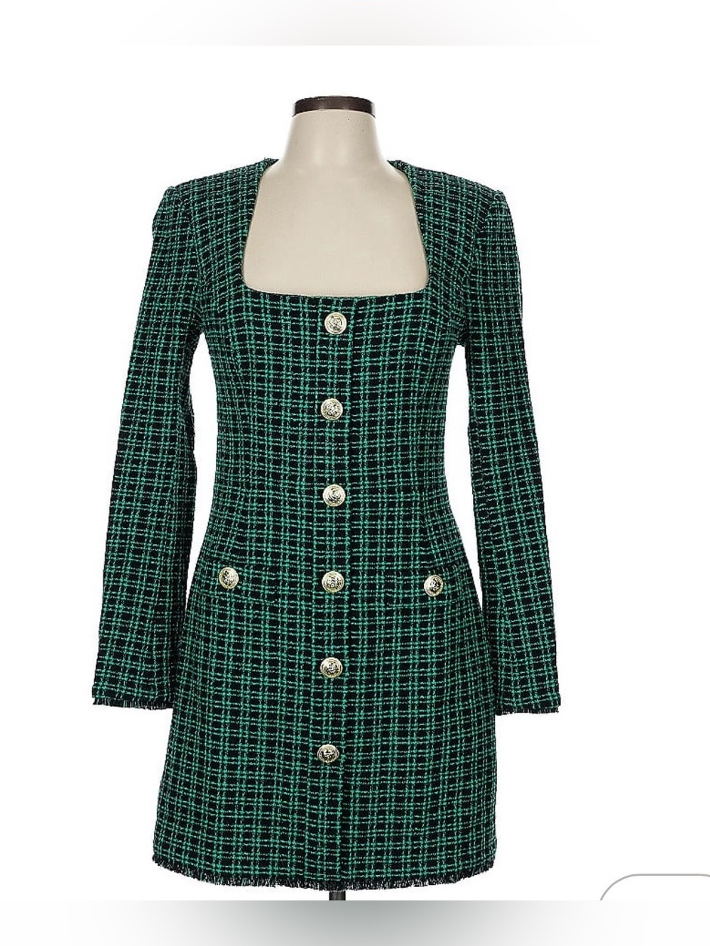 Rebecca Vallance
Green and Black Tweed Button-Front Mini Dress